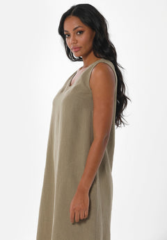 Sleeveless V-Neck Linen Blend Dress Olive