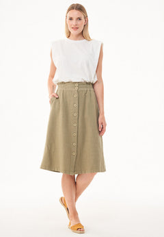 Knee-Length Linen Blend Button Skirt Olive