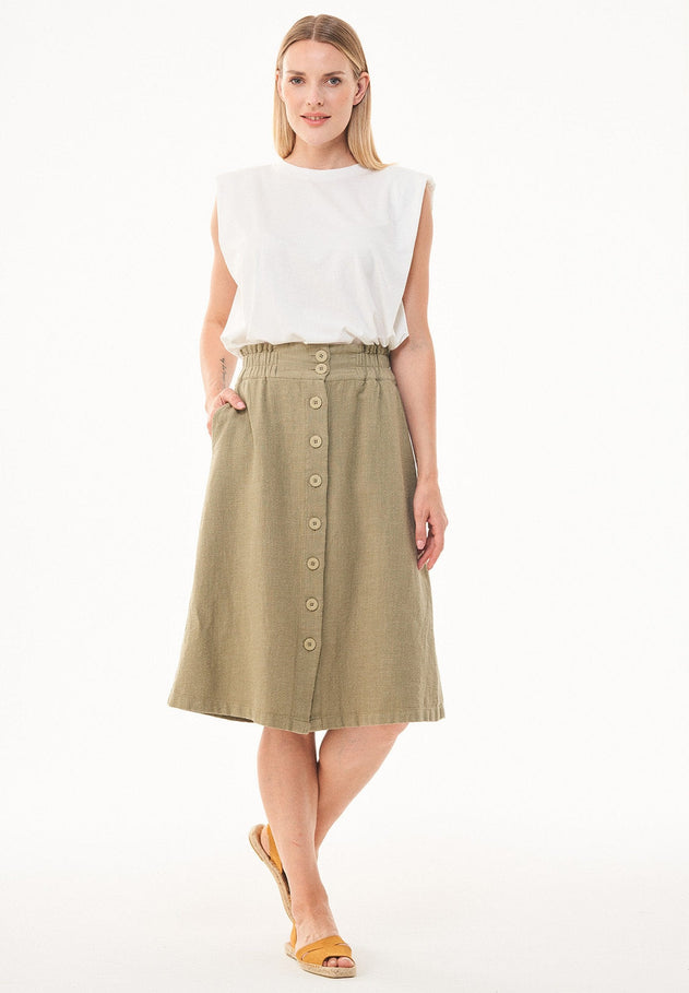 Knee-Length Linen Blend Button Skirt Olive