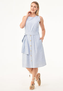 Linen-Cotton Button Dress Blue / White Striped