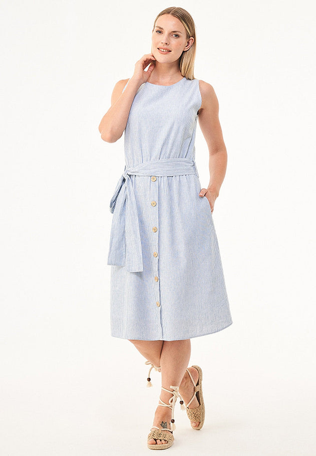 Linen-Cotton Button Dress Blue / White Striped