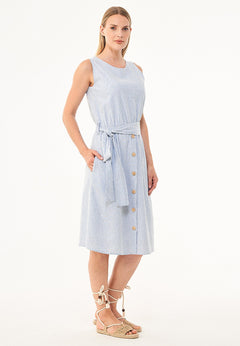 Linen-Cotton Button Dress Blue / White Striped