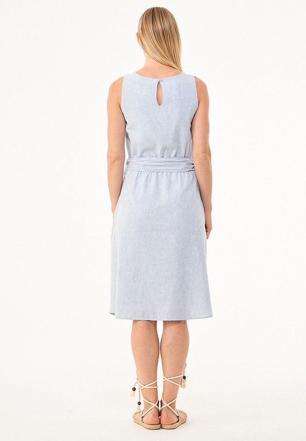 Linen-Cotton Button Dress Blue / White Striped