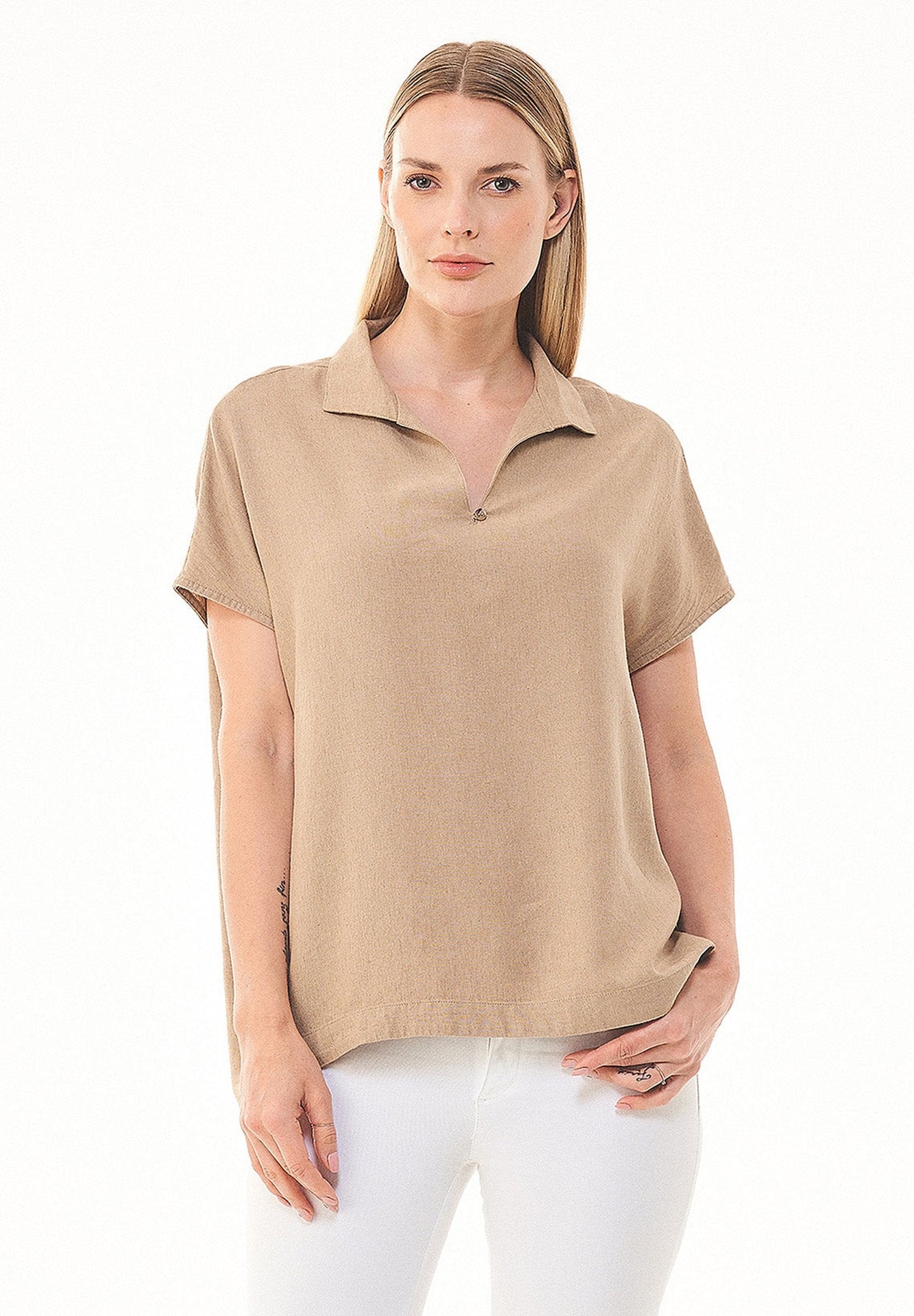 Casual Short Sleeved Linen Blend Blouse Beige