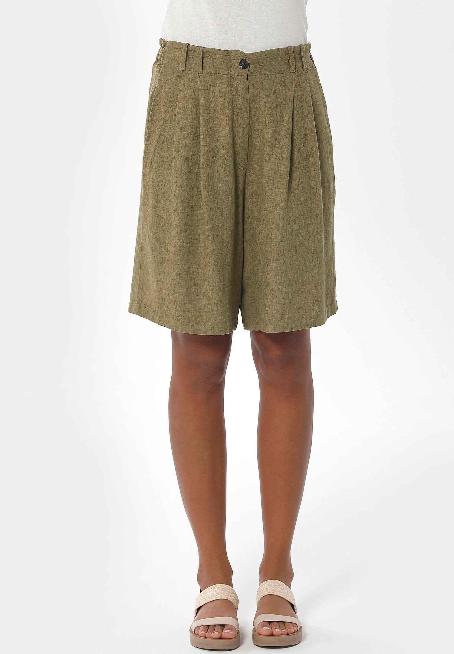 Women's Pleated Linen Blend Shorts Olive