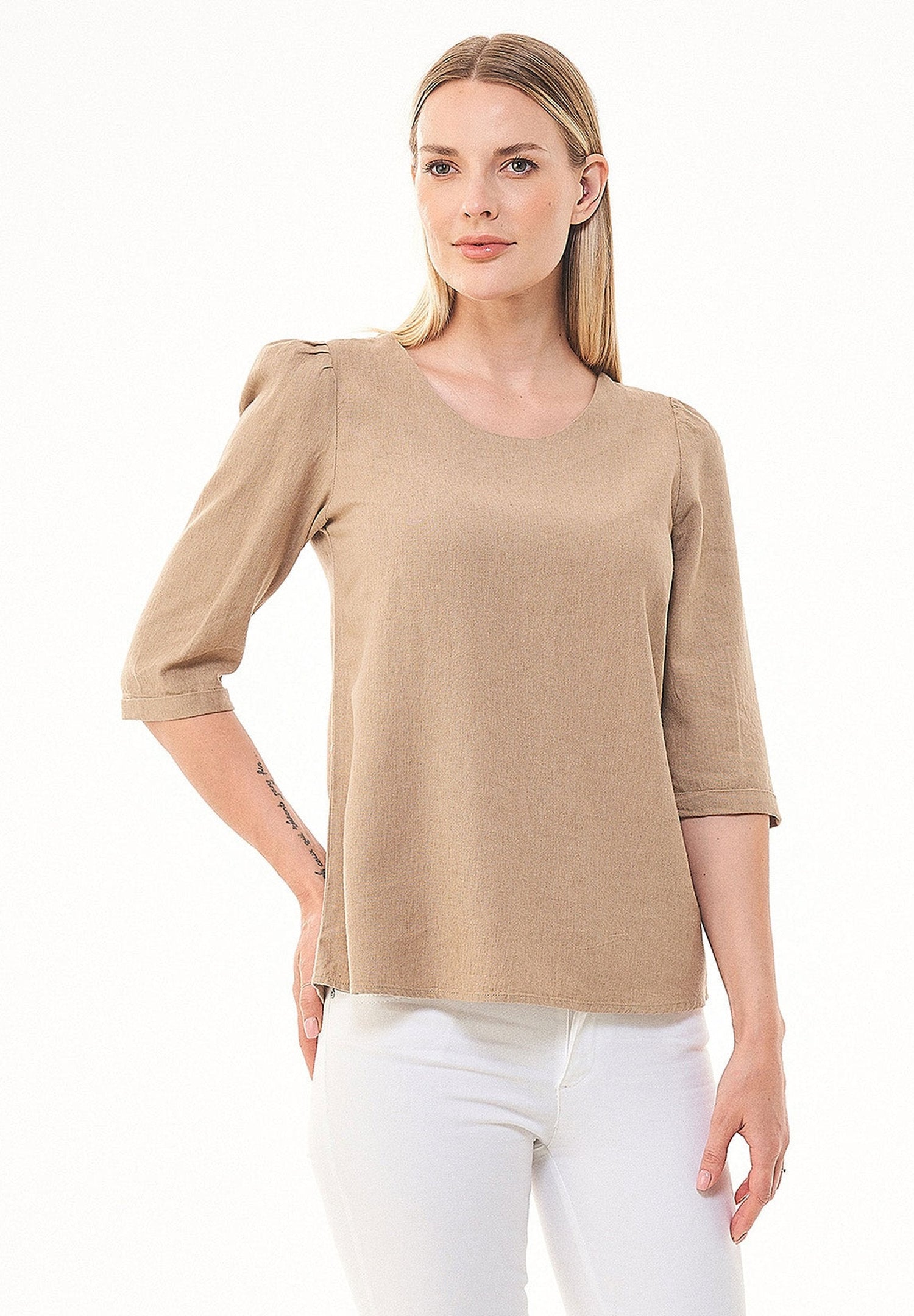 Linen Blend Puff Sleeve Blouse Beige