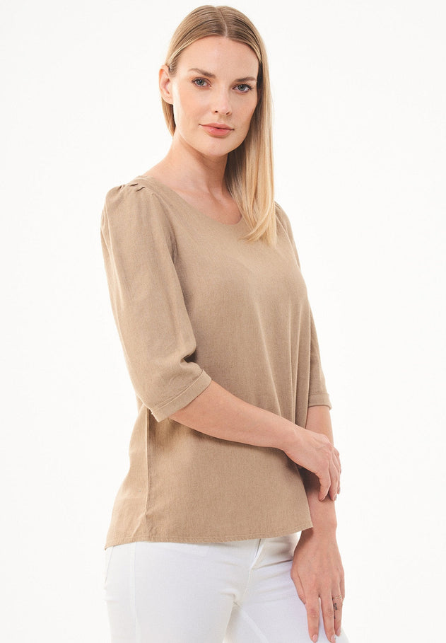 Linen Blend Puff Sleeve Blouse Beige