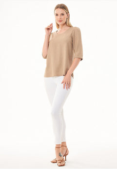 Linen Blend Puff Sleeve Blouse Beige