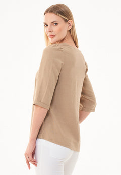 Linen Blend Puff Sleeve Blouse Beige