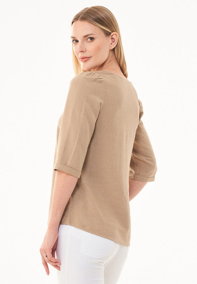 Linen Blend Puff Sleeve Blouse Beige