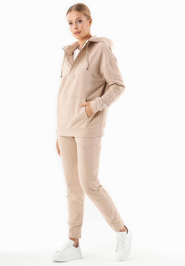 Women's Half-Zip Organic Cotton Hoodie Beige
