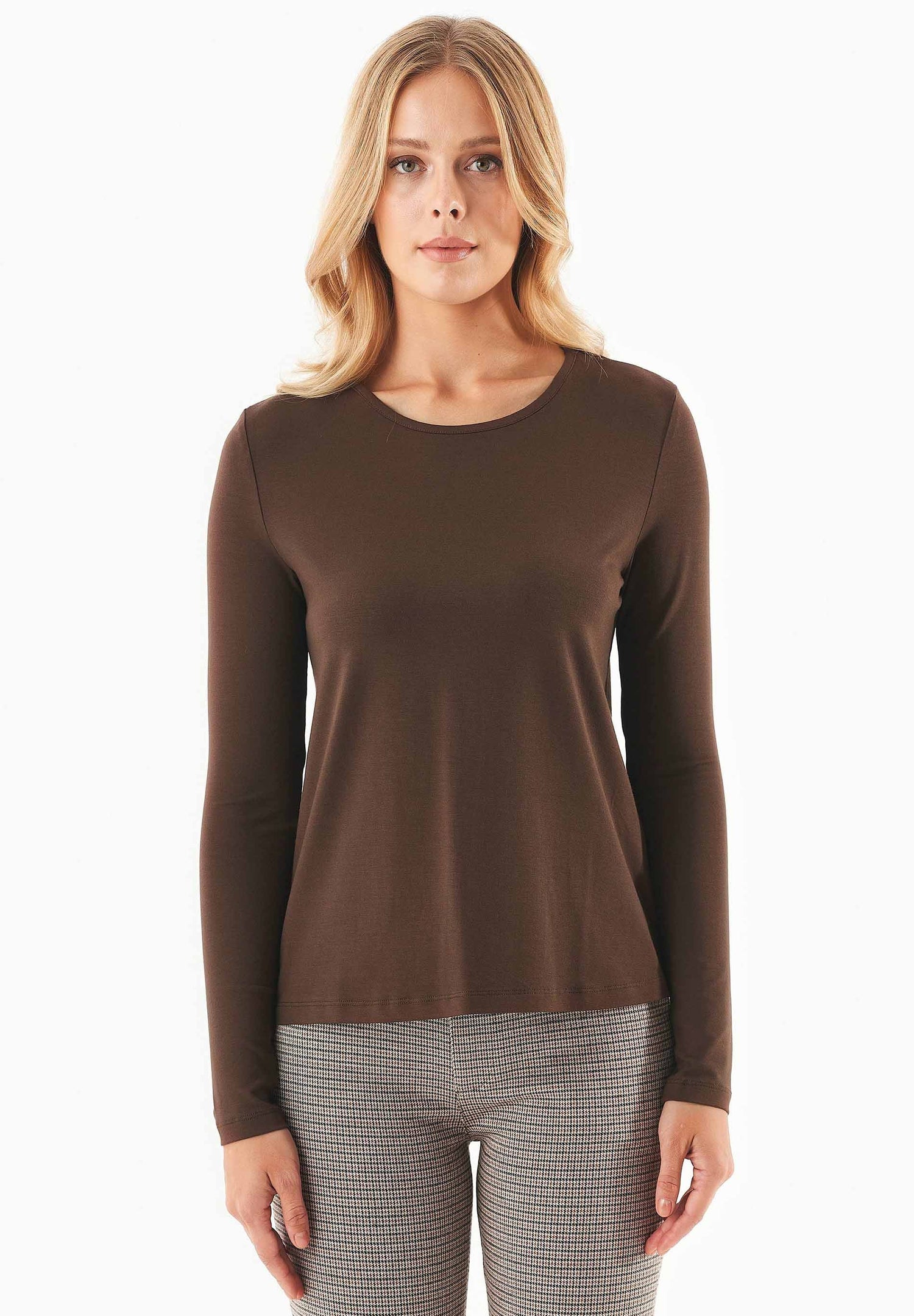 Women's Round Neck Long-Sleeve T-Shirt Chestnut Brown