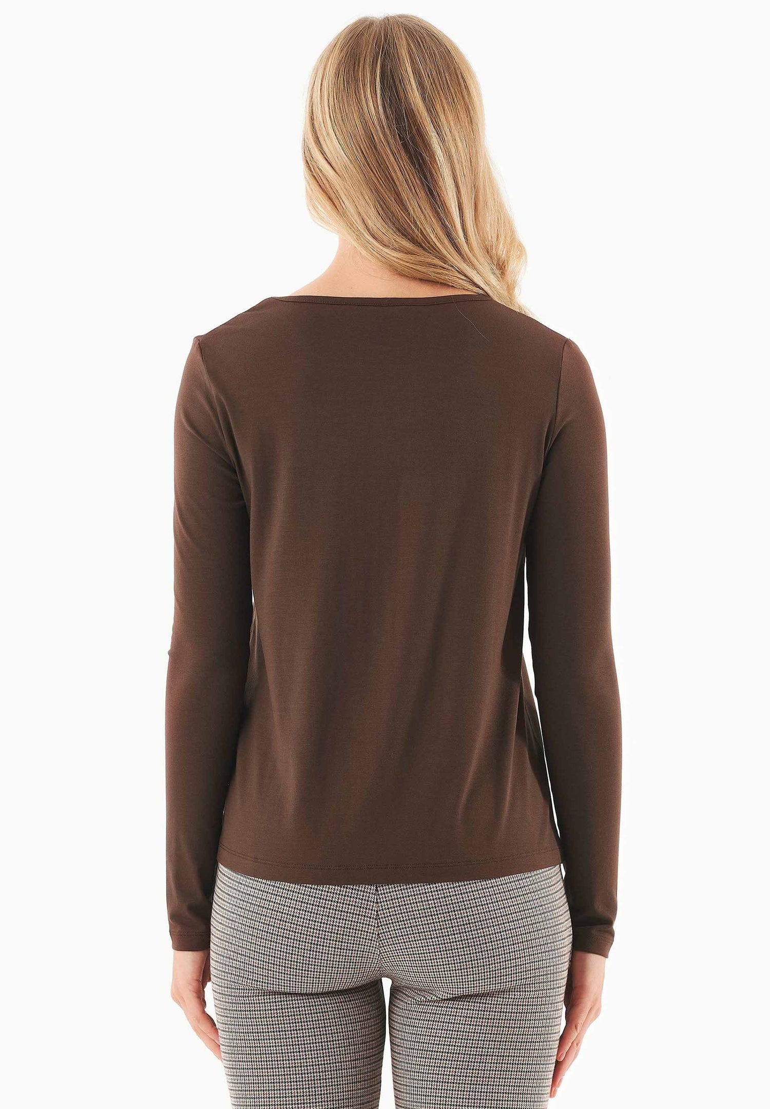 Women's Round Neck Long-Sleeve T-Shirt Chestnut Brown