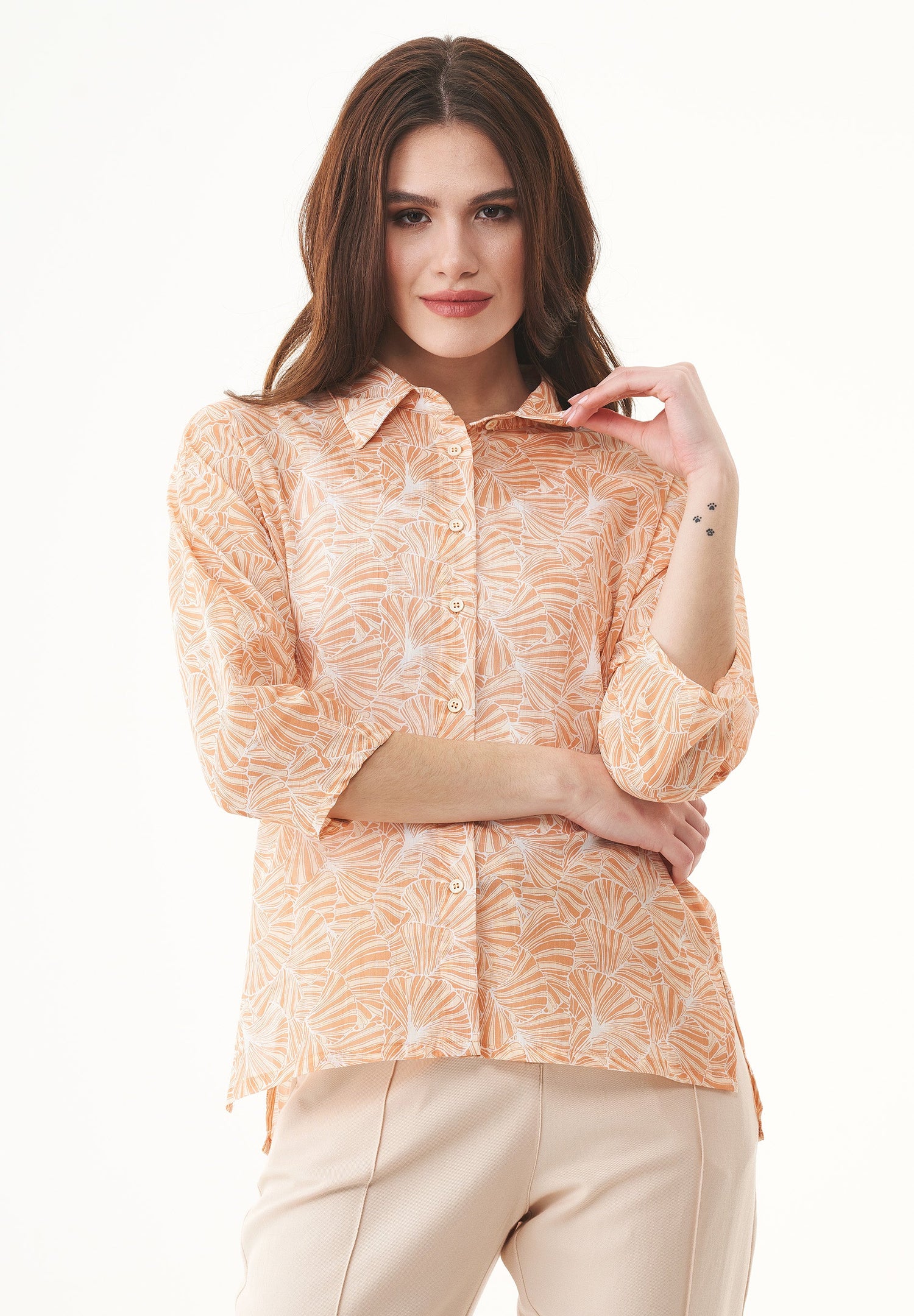 Patterned Organic Cotton Voile Button-Up Blouse Indian Tan Flower