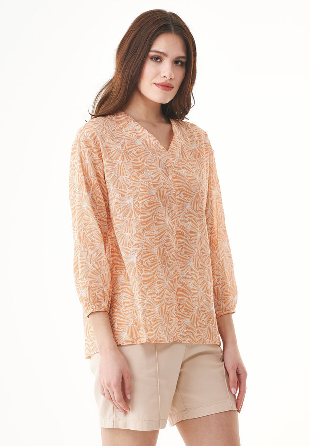 Patterned Organic Cotton Voile Blouse Indian Tan Flower