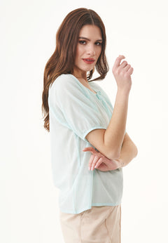 Short Sleeved Organic Cotton Voile Blouse Pale Blue