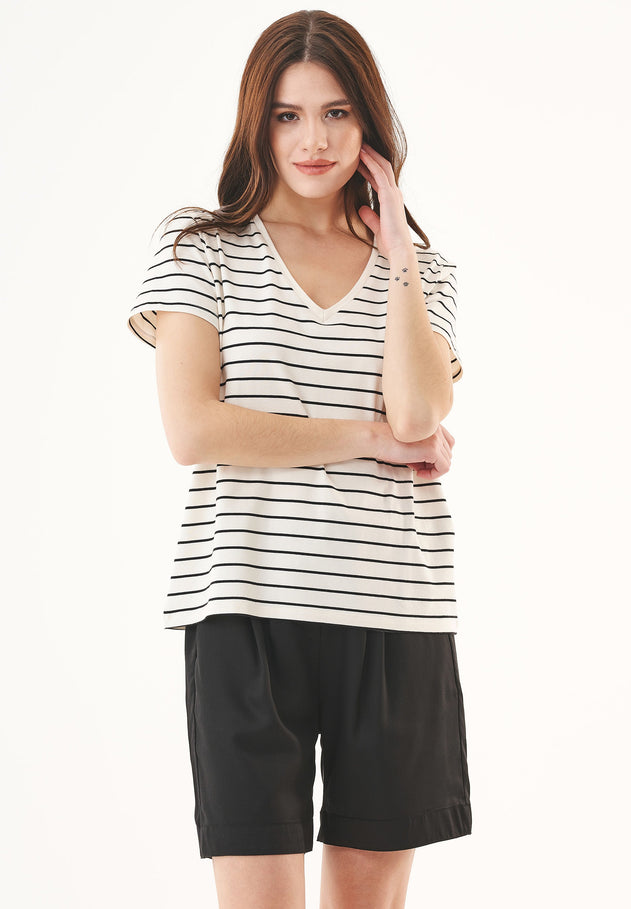 Women's Modal Blend Striped T-Shirt Off White / Black