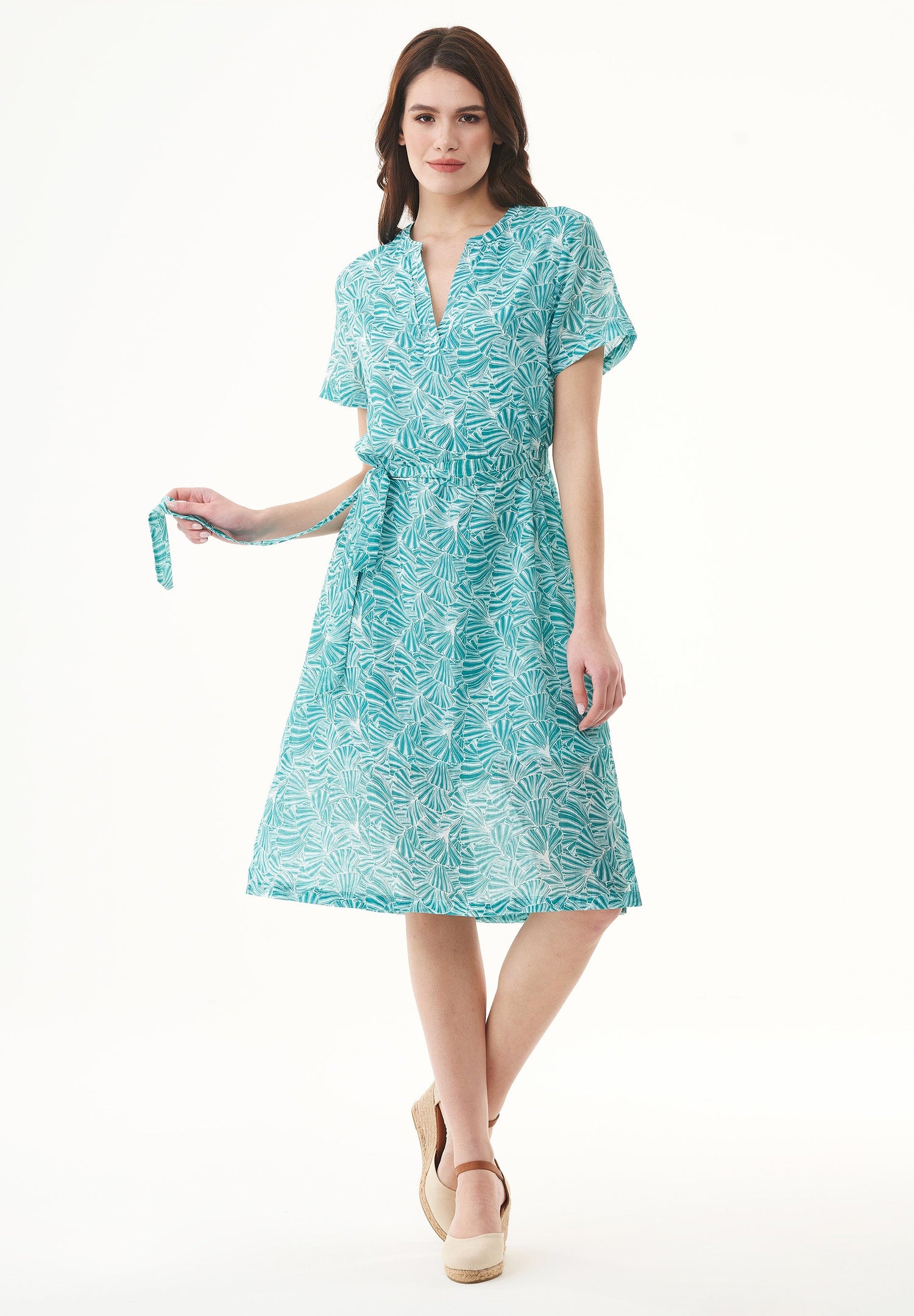 Belted Organic Cotton Voile Dress Emerald Flower