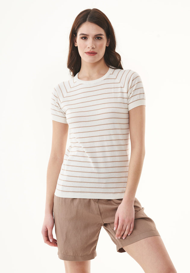 Women's Fine-Knit Organic Cotton T-Shirt Striped Off-White/Beige