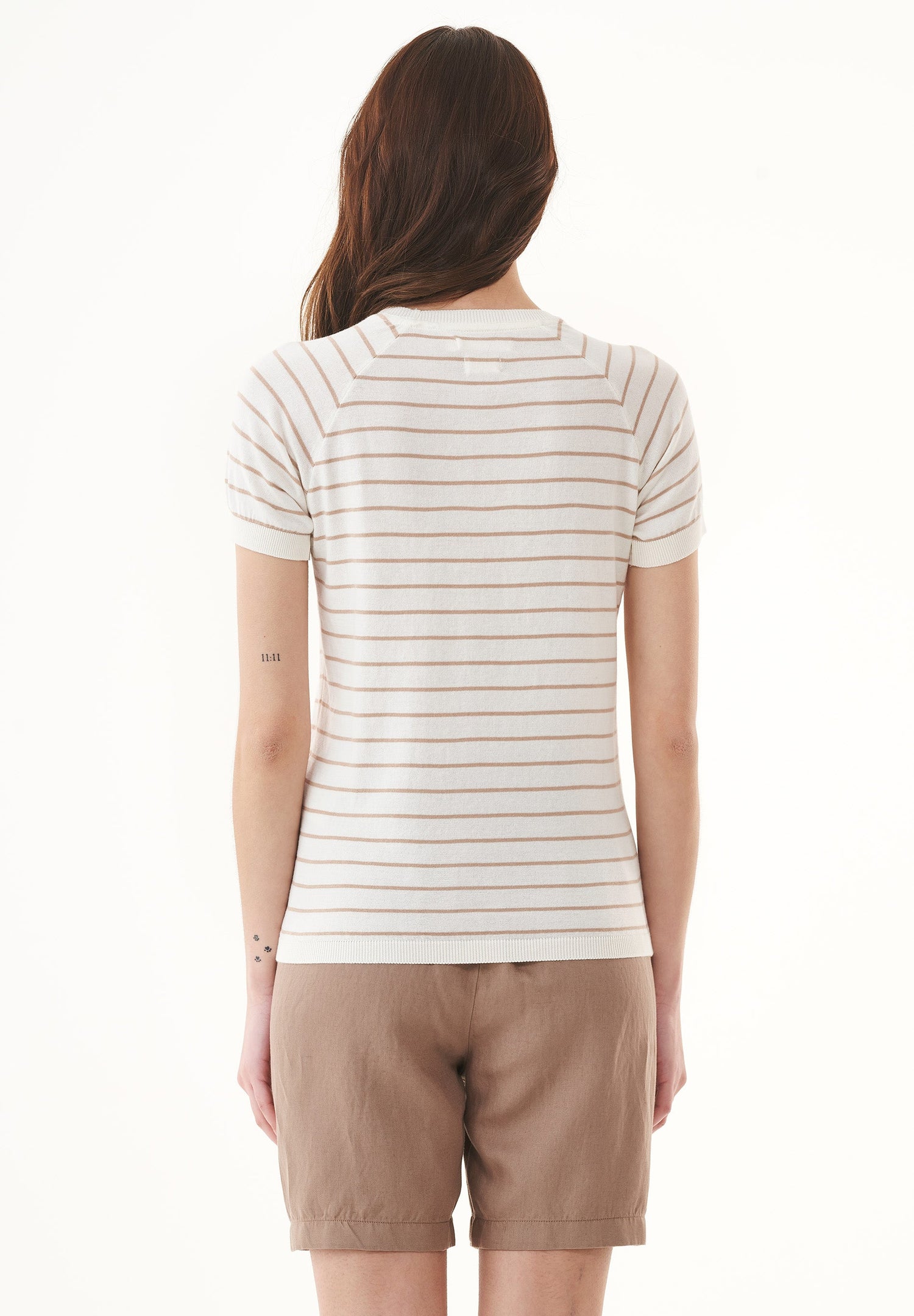 Women's Fine-Knit Organic Cotton T-Shirt Striped Off-White/Beige
