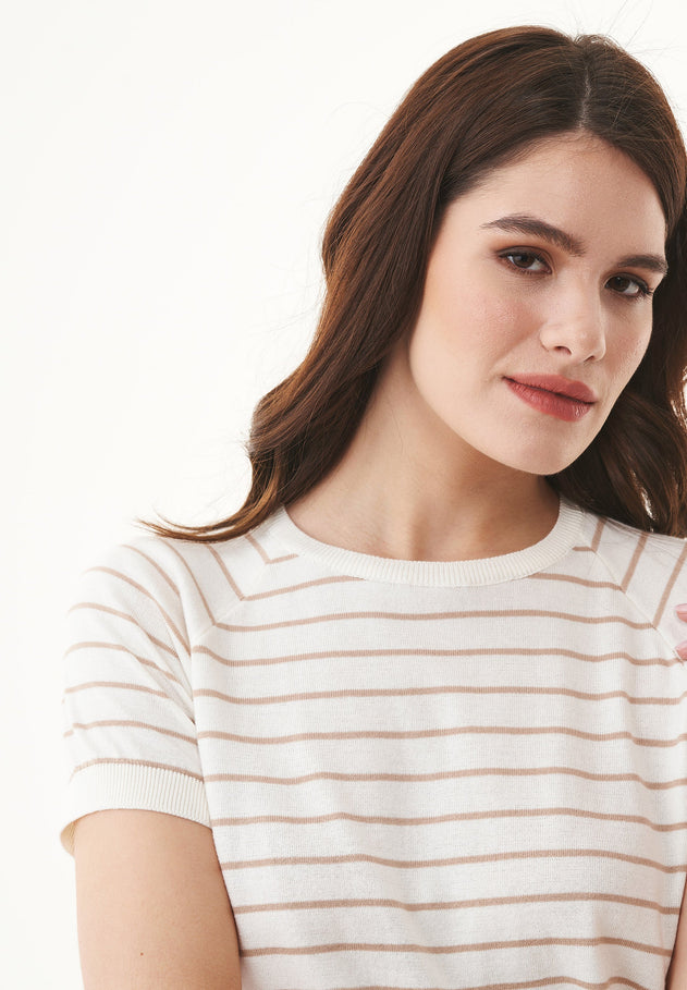 Women's Fine-Knit Organic Cotton T-Shirt Striped Off-White/Beige
