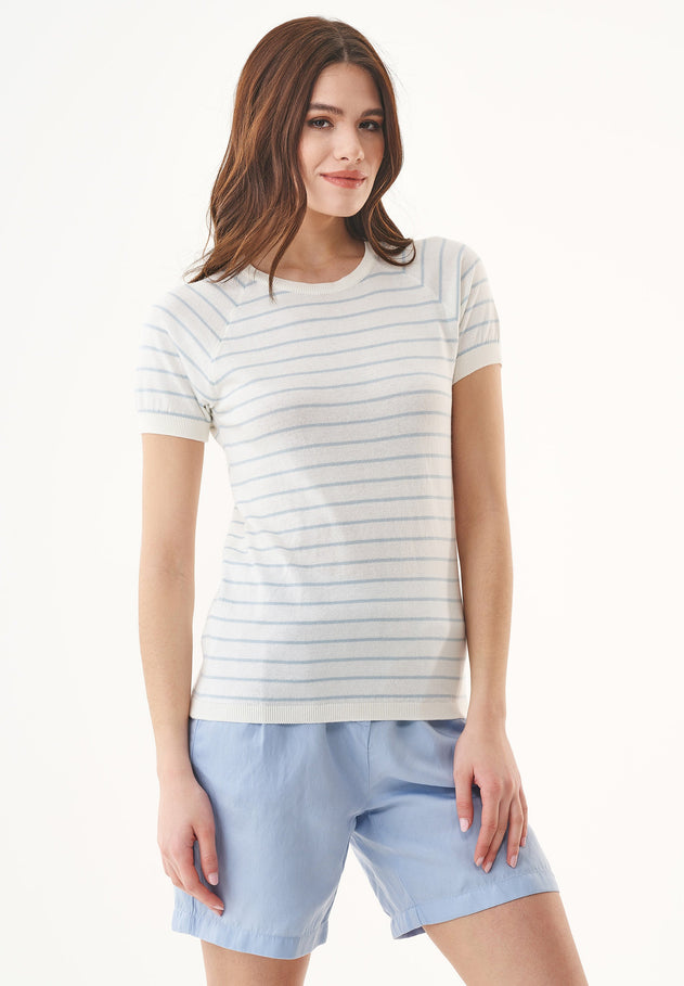 Women's Fine-Knit Organic Cotton T-Shirt Striped Off-White/Mid Blue