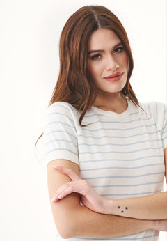 Women's Fine-Knit Organic Cotton T-Shirt Striped Off-White/Mid Blue