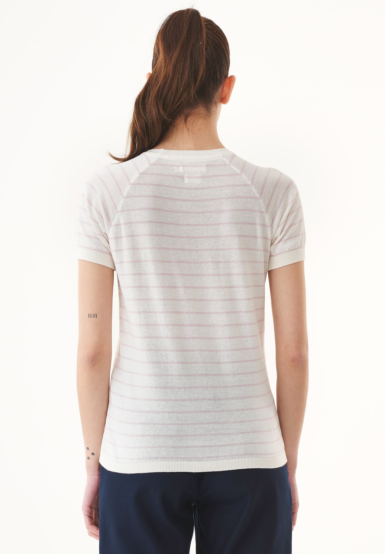 Women's Fine-Knit Organic Cotton T-Shirt Striped Off-White/Soft Pink