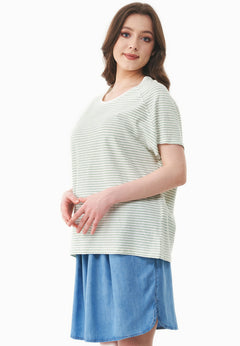 Thinly Striped Linen Blend T-Shirt Off White / Matcha Green