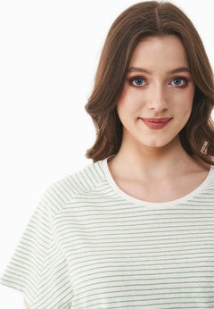 Thinly Striped Linen Blend T-Shirt Off White / Matcha Green