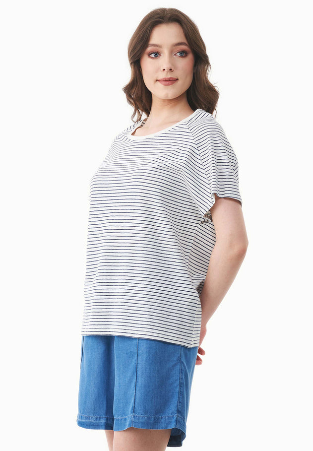 Thinly Striped Linen Blend T-Shirt Off White / Navy