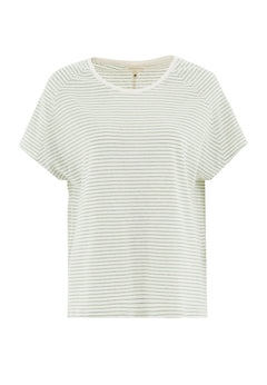 Thinly Striped Linen Blend T-Shirt Off White / Matcha Green