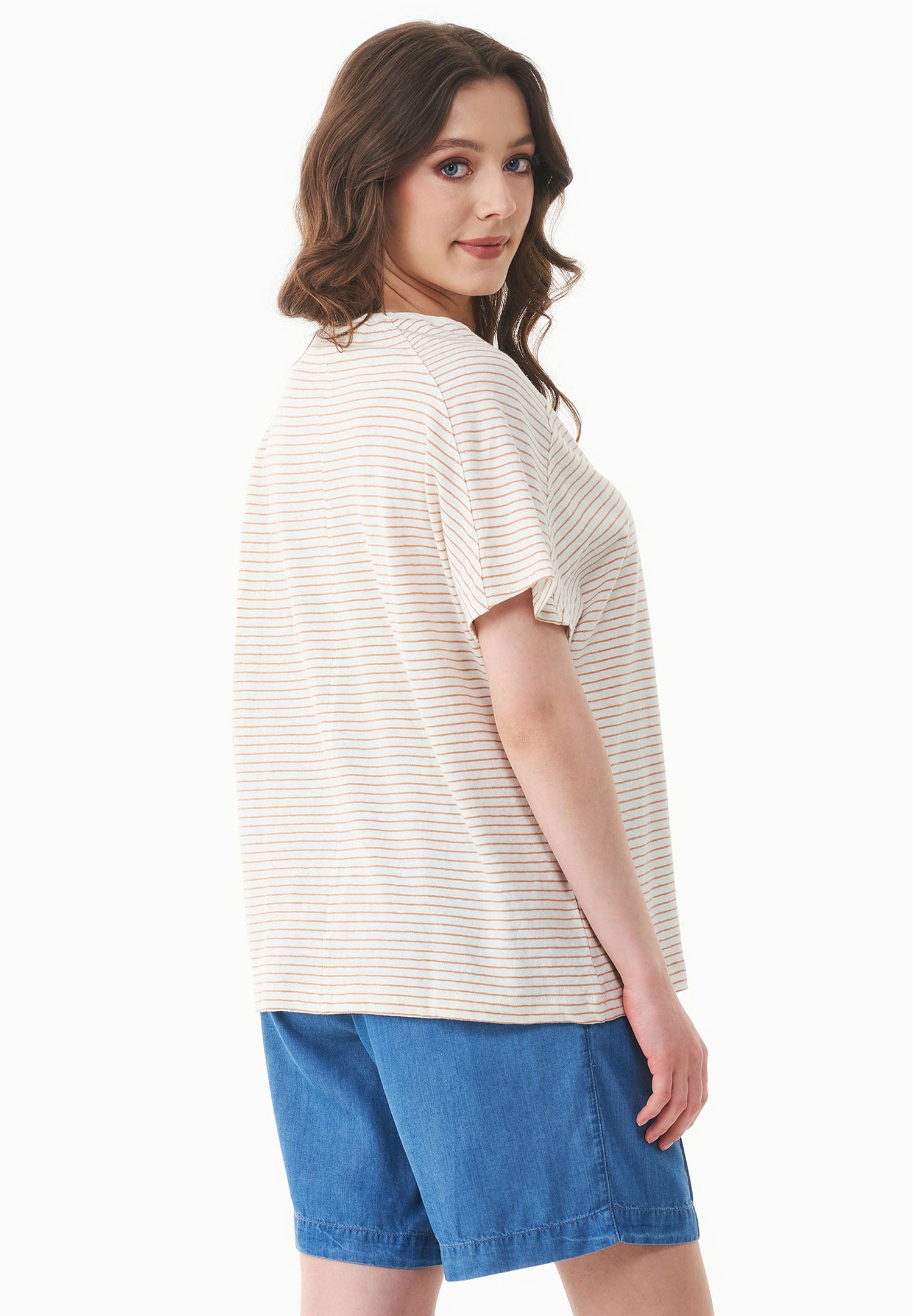 Thinly Striped Linen Blend T-Shirt Off White / Tan