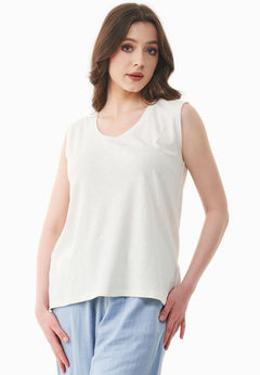 Deep Round Neck Linen Blend Jersey Top Off White