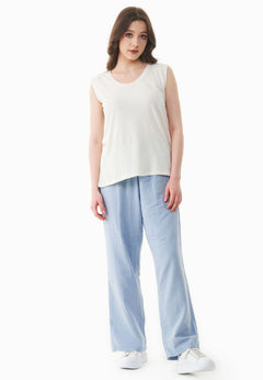 Deep Round Neck Linen Blend Jersey Top Off White