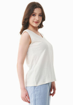 Deep Round Neck Linen Blend Jersey Top Off White