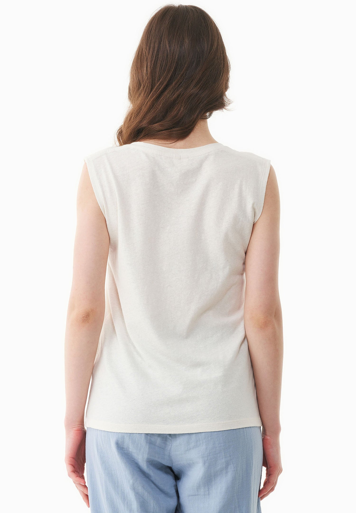 Deep Round Neck Linen Blend Jersey Top Off White