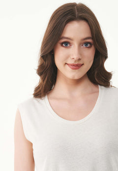 Deep Round Neck Linen Blend Jersey Top Off White
