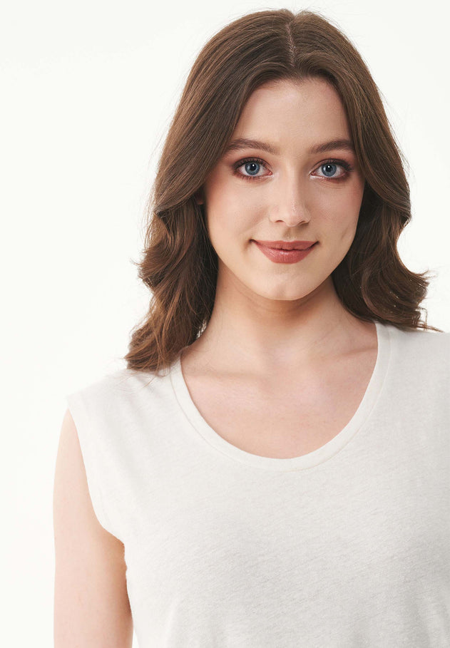 Deep Round Neck Linen Blend Jersey Top Off White
