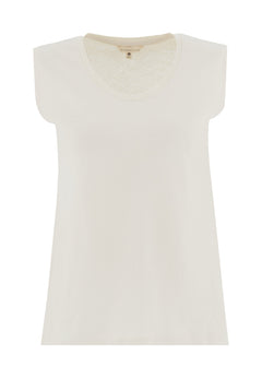 Deep Round Neck Linen Blend Jersey Top Off White