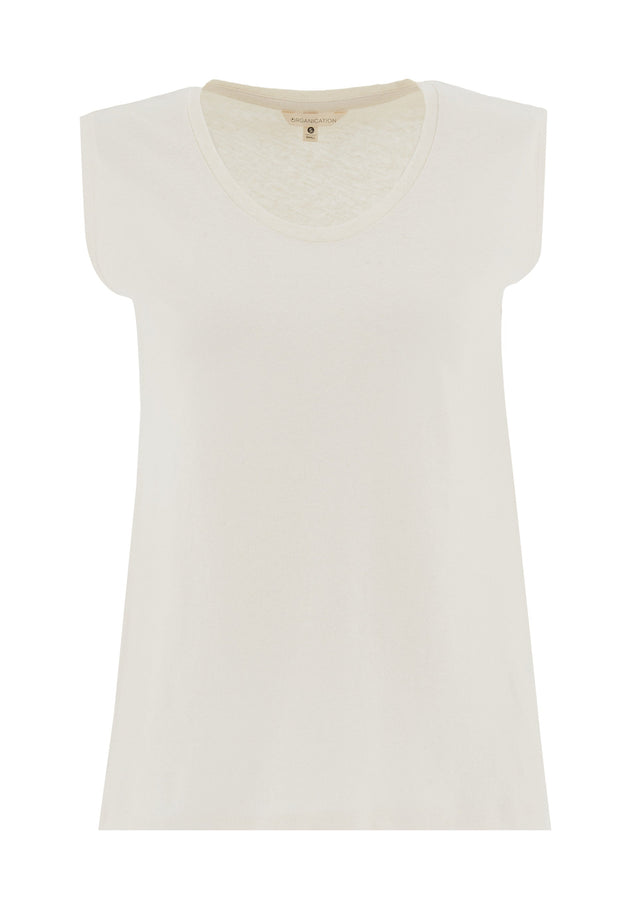 Deep Round Neck Linen Blend Jersey Top Off White