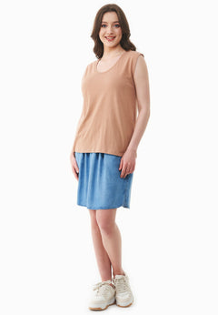 Deep Round Neck Linen Blend Jersey Top Tan