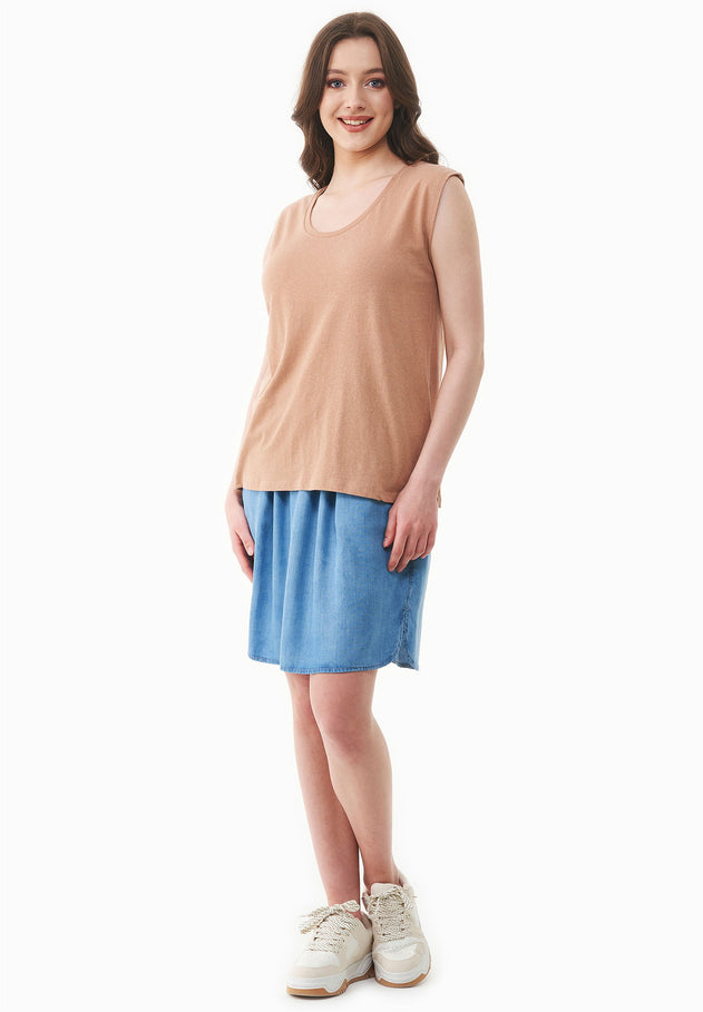 Deep Round Neck Linen Blend Jersey Top Tan