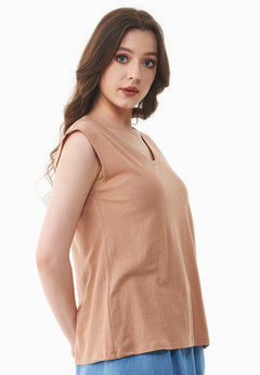 Deep Round Neck Linen Blend Jersey Top Tan