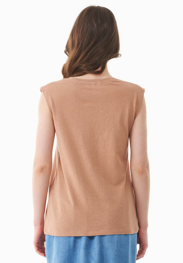 Deep Round Neck Linen Blend Jersey Top Tan