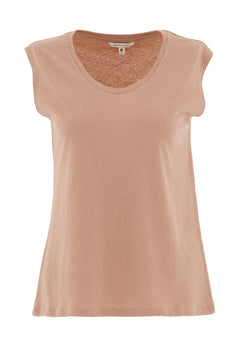 Deep Round Neck Linen Blend Jersey Top Tan