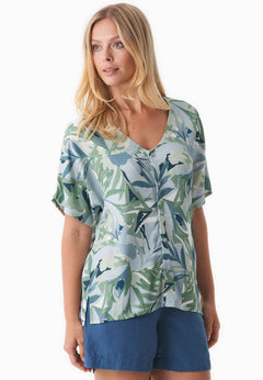 V-Neck Short Sleeved Viscose Blouse Abstract Leaf