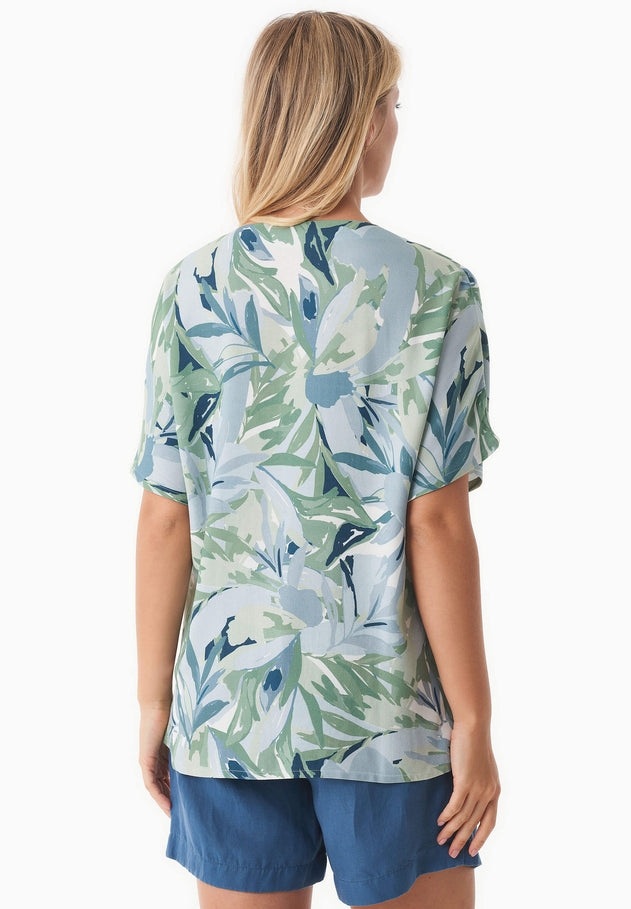 V-Neck Short Sleeved Viscose Blouse Abstract Leaf