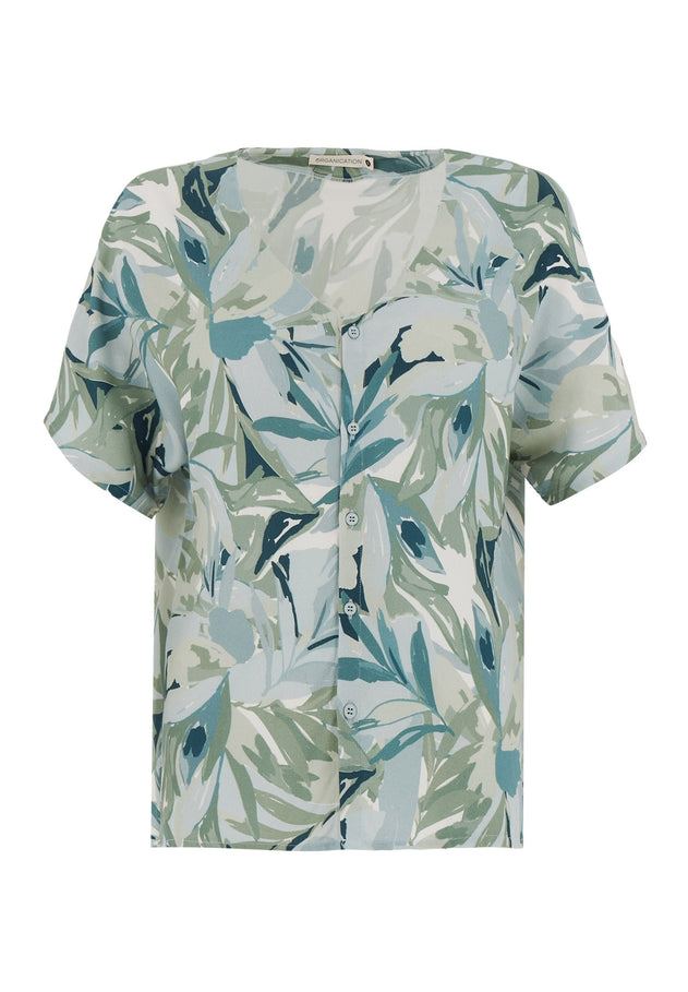 V-Neck Short Sleeved Viscose Blouse Abstract Leaf
