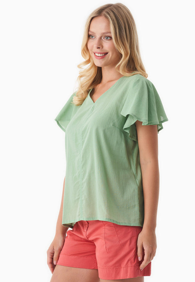 Butterfly Sleeve V-Neck Blouse Matcha Green